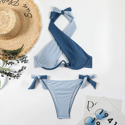 Patchwork Cross Halter Swimwear