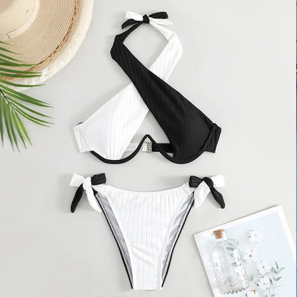 Patchwork Cross Halter Swimwear