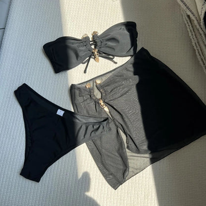 Sexy 3 Pc Mesh Skirt Bikini Set