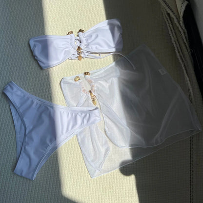 Sexy 3 Pc Mesh Skirt Bikini Set