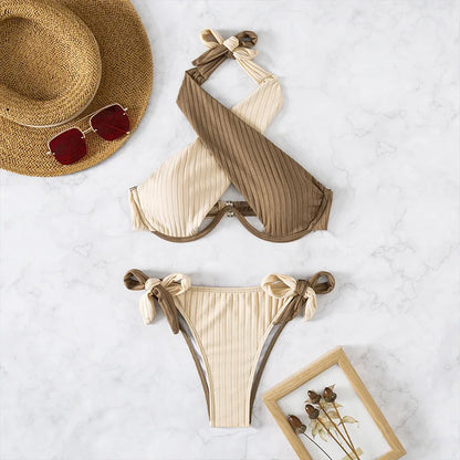 Patchwork Cross Halter Swimwear