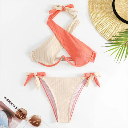 Patchwork Cross Halter Swimwear